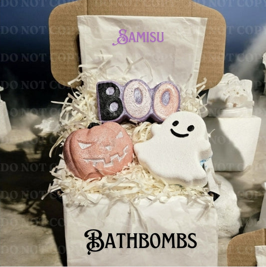 Handmade Halloween Bath Bomb Gift Set – Ghost, Pumpkin & BOO Trio – Fruity Peppermint Fragrance – Eco Gift