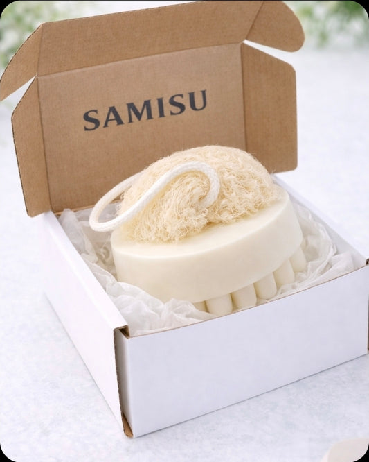 Coconut Cream Shea Butter Soap on a Rope – Exfoliating Massage Bar with Natural Loofah