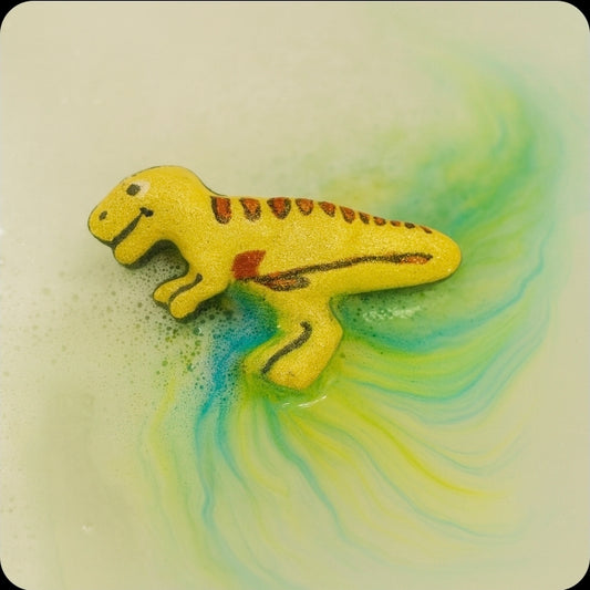 Dinosaur-shaped bath bomb on a colorful, swirling background