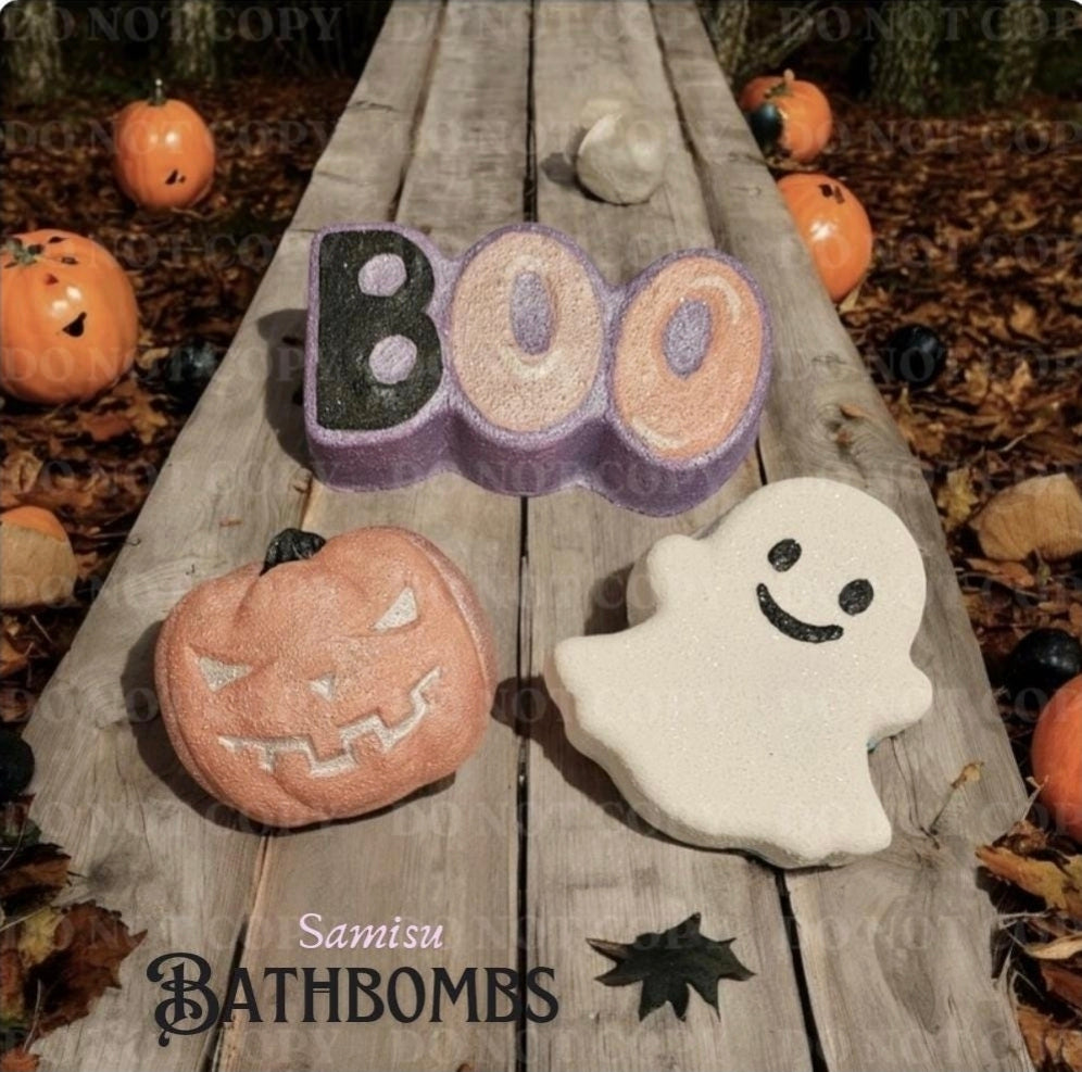 Handmade Halloween Bath Bomb Gift Set – Ghost, Pumpkin & BOO Trio – Fruity Peppermint Fragrance – Eco Gift